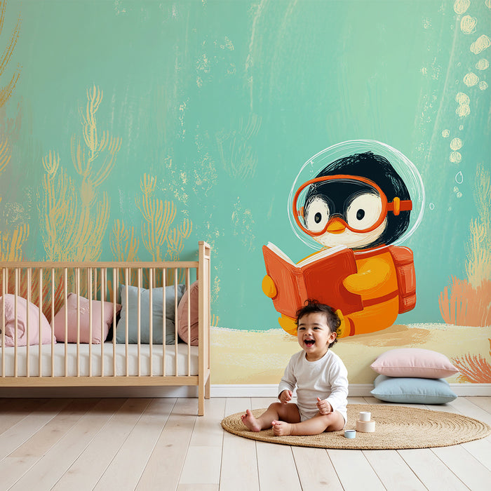 Tapet cameră copii | Micul pinguin explorator subacvatic cu carte