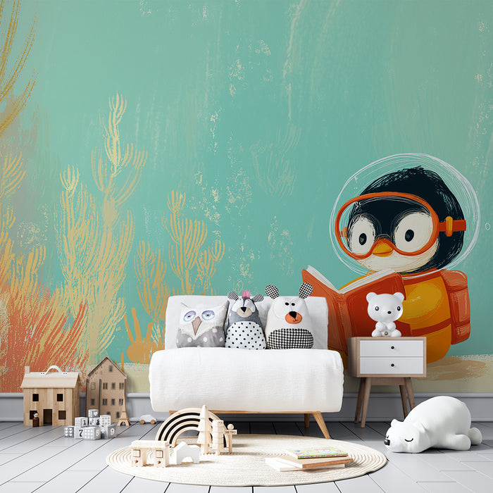 Tapet cameră copii | Micul pinguin explorator subacvatic cu carte