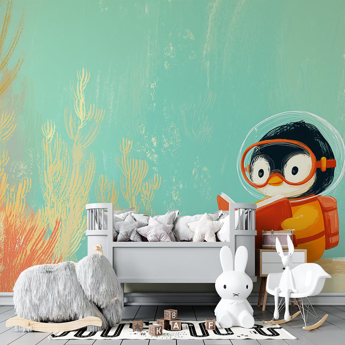 Tapet cameră copii | Micul pinguin explorator subacvatic cu carte