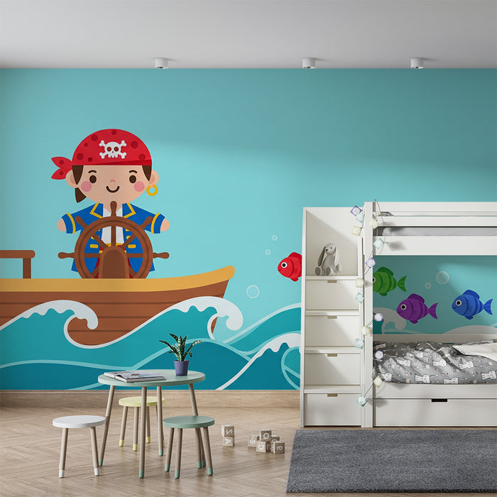 Kinderzimmer-Tapete | Kleiner Pirat auf bunten Fischwellen