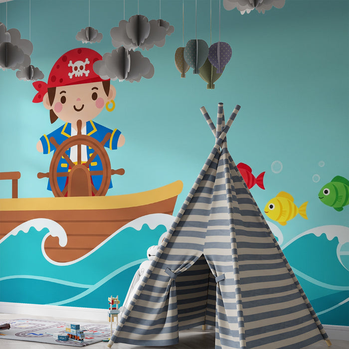 Kinderzimmer-Tapete | Kleiner Pirat auf bunten Fischwellen