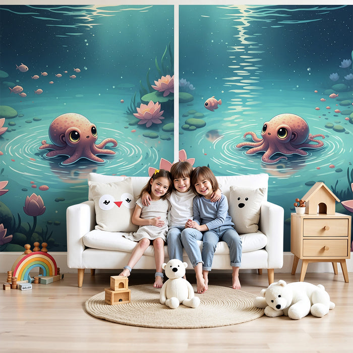 Papel pintado infantil | Un pulpo adorable en un estanque tranquilo con nenúfares