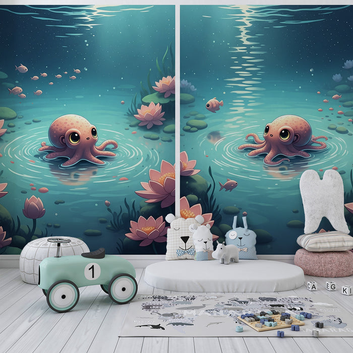 Papel pintado infantil | Un pulpo adorable en un estanque tranquilo con nenúfares