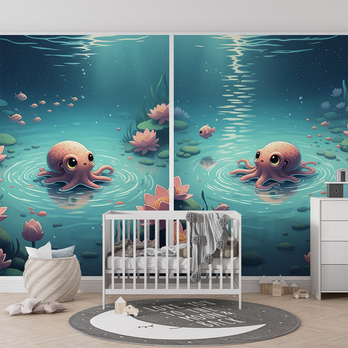 Papel pintado infantil | Un pulpo adorable en un estanque tranquilo con nenúfares