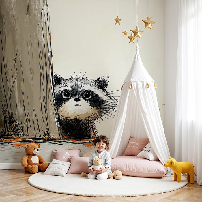 Kinderzimmer Tapete | Neugieriger Waschbär hinter einem Baum