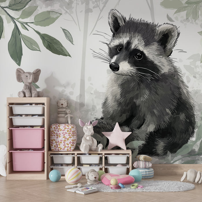 Kinderzimmer Tapete | Kleiner Waschbär im Wald