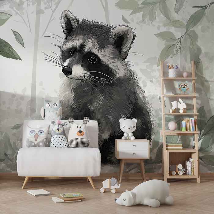 Kinderzimmer Tapete | Kleiner Waschbär im Wald