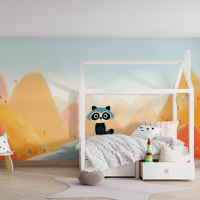 Χαρτί τοίχου παιδικού δωματίου | Μικρό αρουραίος σε ένα πολύχρωμο τοπίο με βουνά