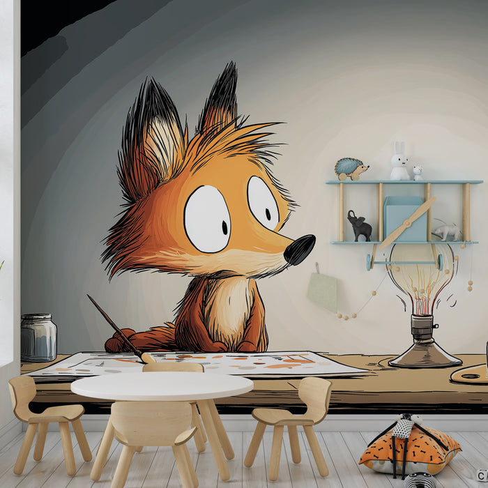 Papier peint chambre enfant | Petit renard artiste en pleine création