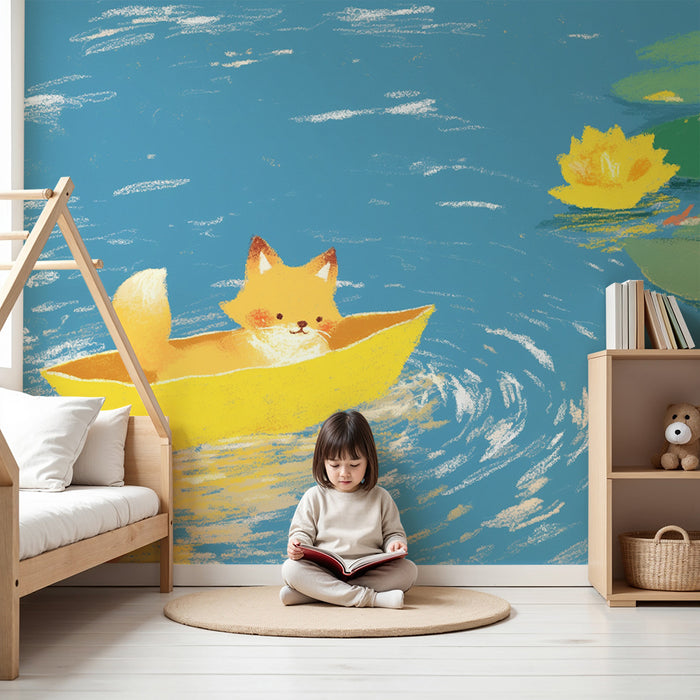 Behang kinderkamer | Kleine vos in een gele boot op een rustig meer