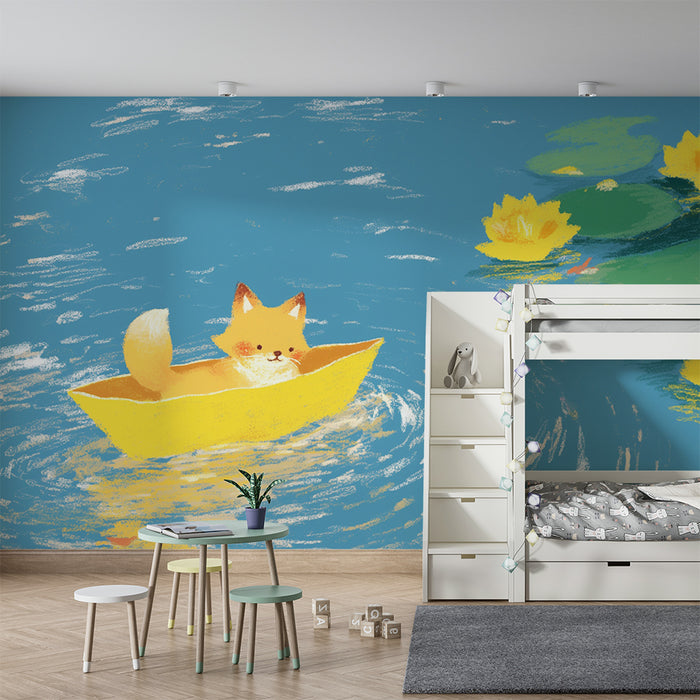 Behang kinderkamer | Kleine vos in een gele boot op een rustig meer