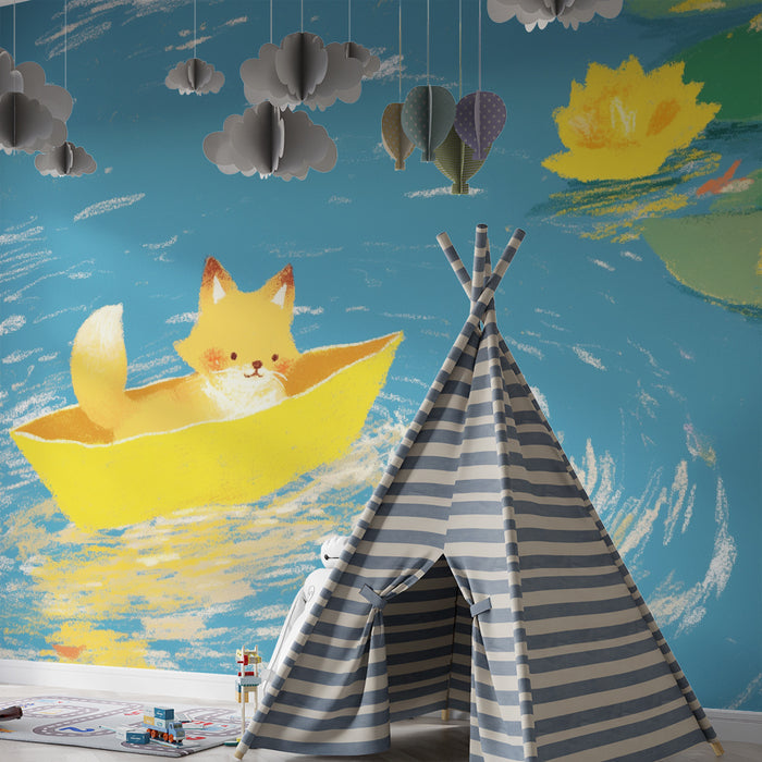 Behang kinderkamer | Kleine vos in een gele boot op een rustig meer
