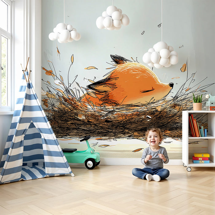 Carta da parati bambini | Piccola volpe addormentata nel suo nido di foglie