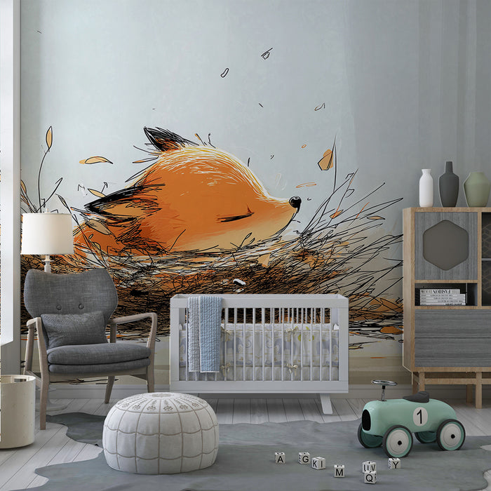 Carta da parati bambini | Piccola volpe addormentata nel suo nido di foglie