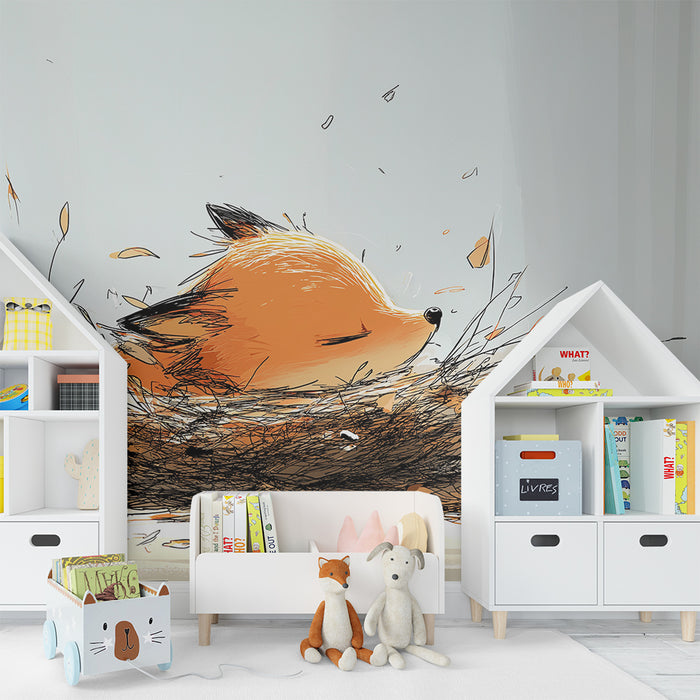 Carta da parati bambini | Piccola volpe addormentata nel suo nido di foglie