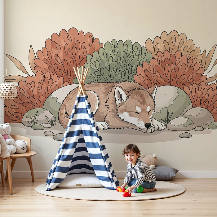 Children's bedroom wallpaper | Sleeping little fox surrounded by colorful foliage
