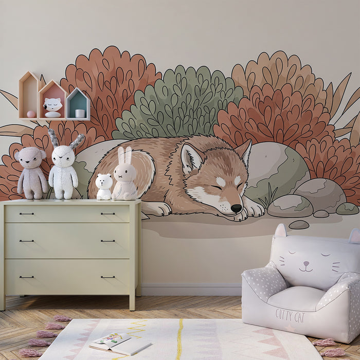 Children's bedroom wallpaper | Sleeping little fox surrounded by colorful foliage