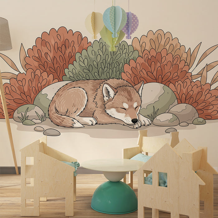 Children's bedroom wallpaper | Sleeping little fox surrounded by colorful foliage