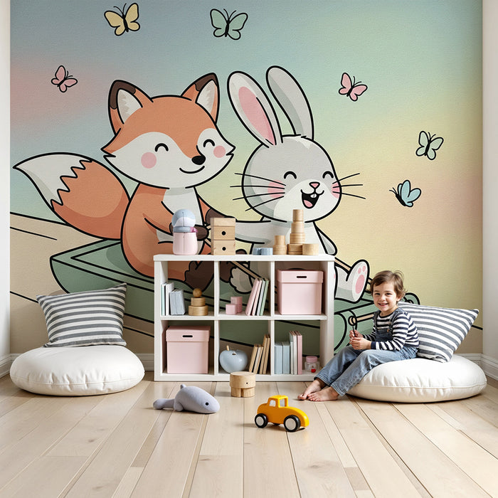 Kinderkamer behang | Vrolijke kleine vos en konijn