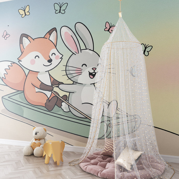 Kinderkamer behang | Vrolijke kleine vos en konijn
