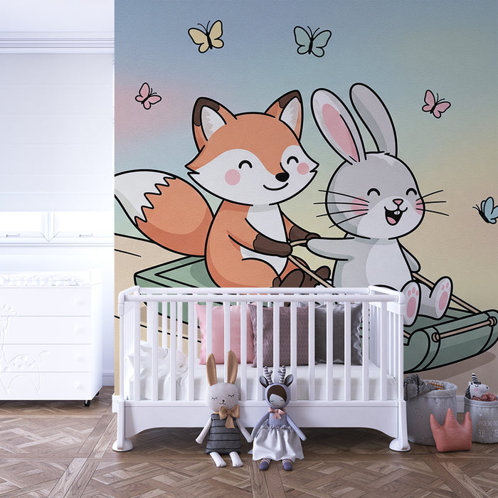 Kinderkamer behang | Vrolijke kleine vos en konijn