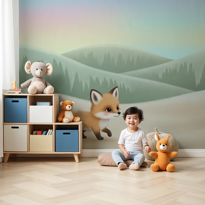 Carta da parati bambini | Piccola volpe e paesaggio dolce