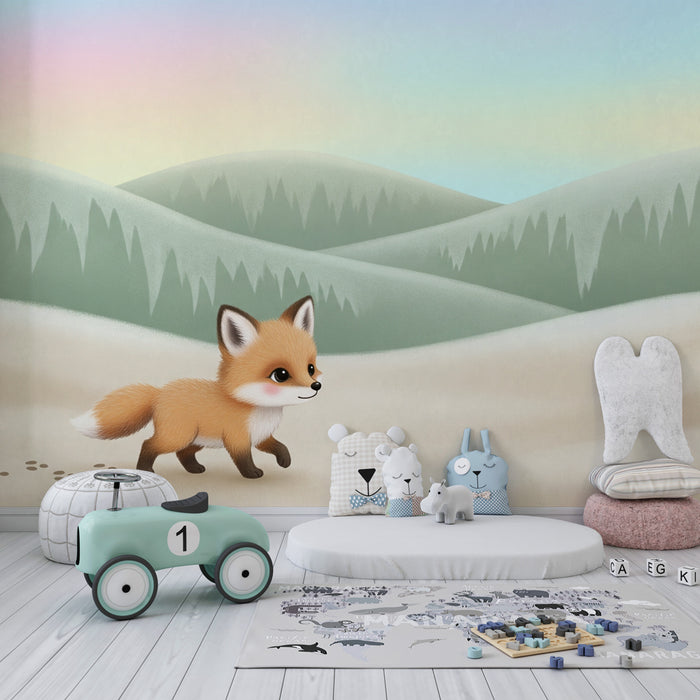 Carta da parati bambini | Piccola volpe e paesaggio dolce