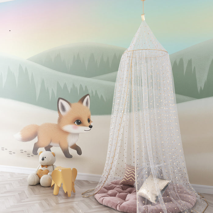 Carta da parati bambini | Piccola volpe e paesaggio dolce