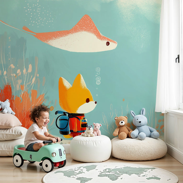 Kids room wallpaper | Little underwater explorer fox with manta ray