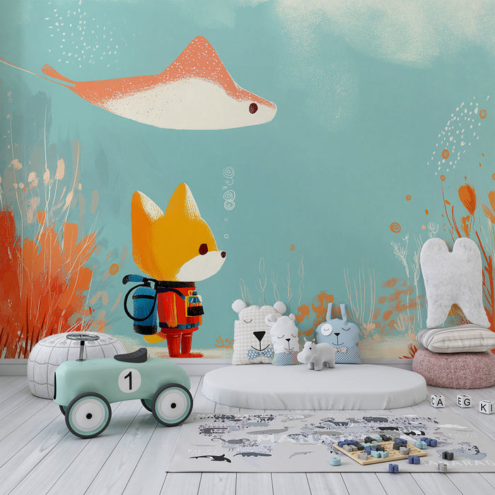 Kids room wallpaper | Little underwater explorer fox with manta ray
