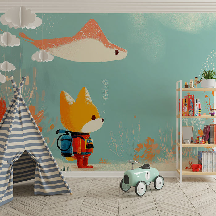 Kids room wallpaper | Little underwater explorer fox with manta ray