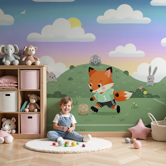 Børneværelse tapet | Lille ræv fodboldspiller i naturen