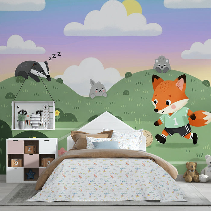 Børneværelse tapet | Lille ræv fodboldspiller i naturen