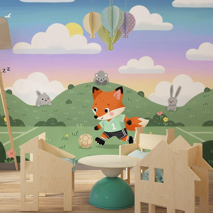 Børneværelse tapet | Lille ræv fodboldspiller i naturen