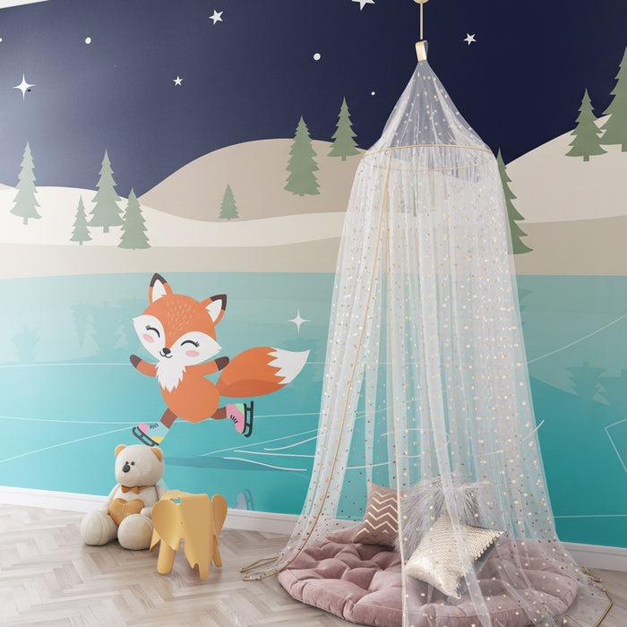 Kids room wallpaper | Malý lišák bruslící na zamrzlém jezeře