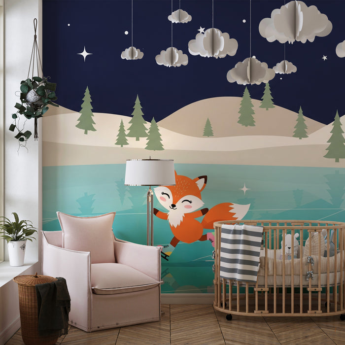 Kids room wallpaper | Malý lišák bruslící na zamrzlém jezeře