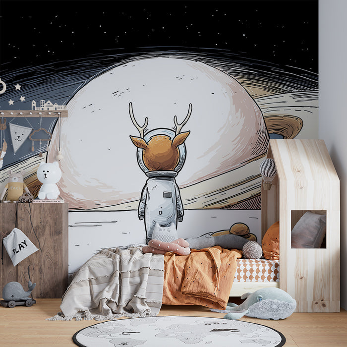 Tapet barnerom | Liten reinsdyr astronaut beundrer Saturn