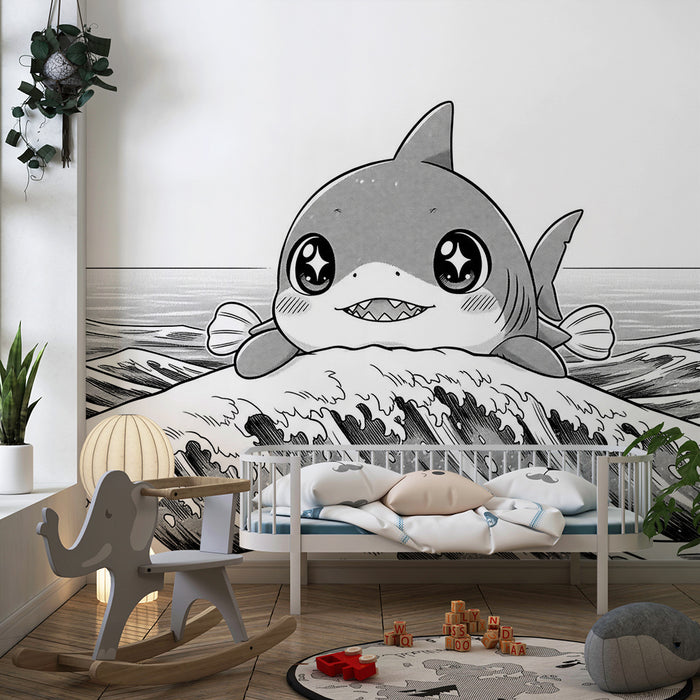 Tapeta do dětského pokoje | Roztomilý žralůček na vlnách