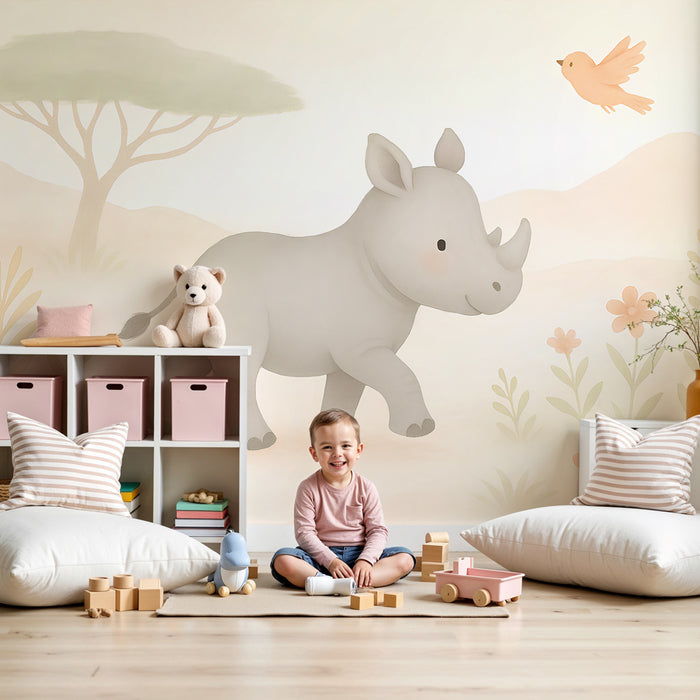 Papier peint chambre enfant | Petit rhinocéros et oiseau joyeux