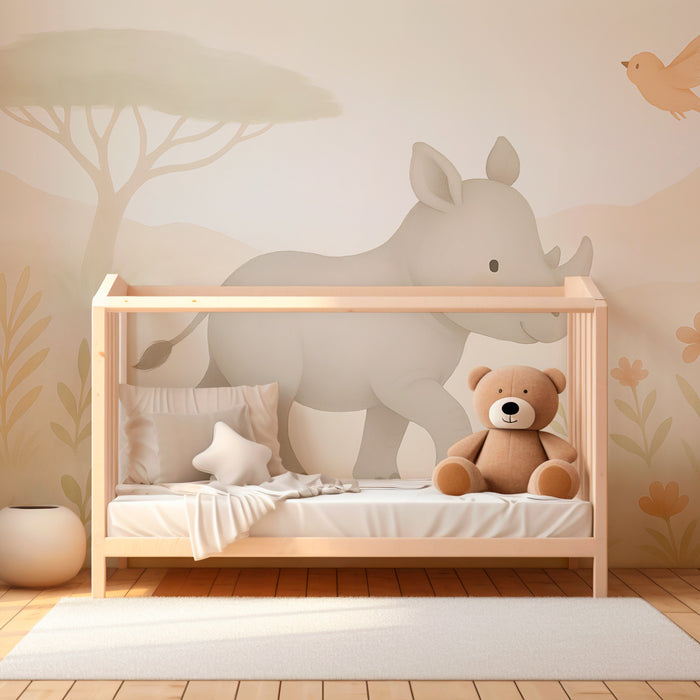Papier peint chambre enfant | Petit rhinocéros et oiseau joyeux