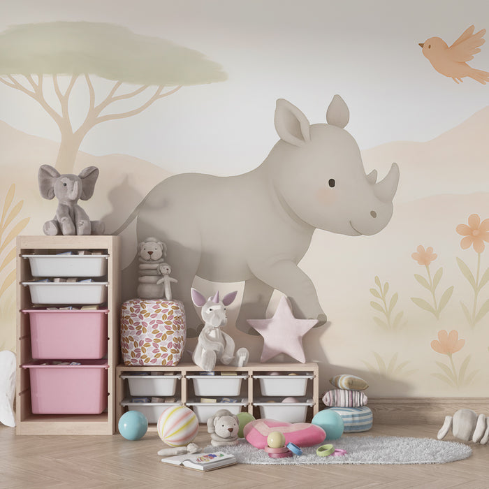 Papier peint chambre enfant | Petit rhinocéros et oiseau joyeux