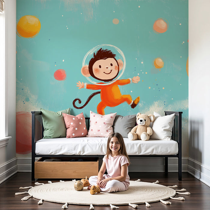 Kinderkamer behang | Kleine aap astronaut in kleurrijke ruimte
