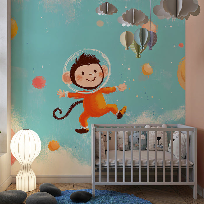 Kinderkamer behang | Kleine aap astronaut in kleurrijke ruimte
