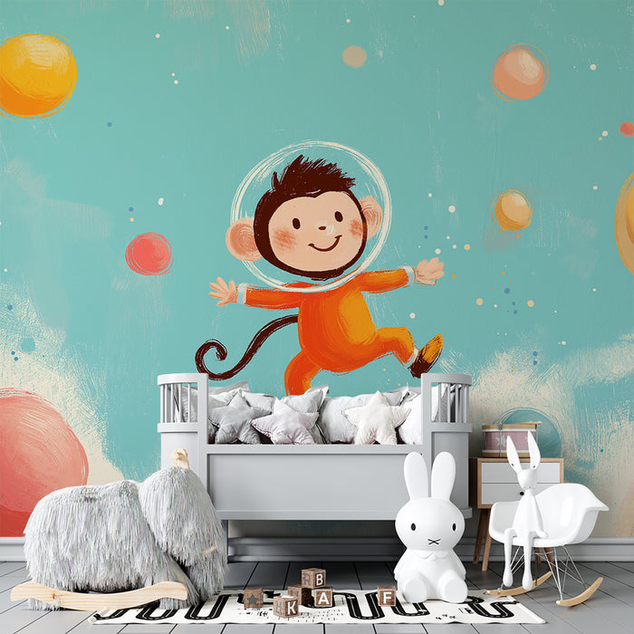 Kinderkamer behang | Kleine aap astronaut in kleurrijke ruimte