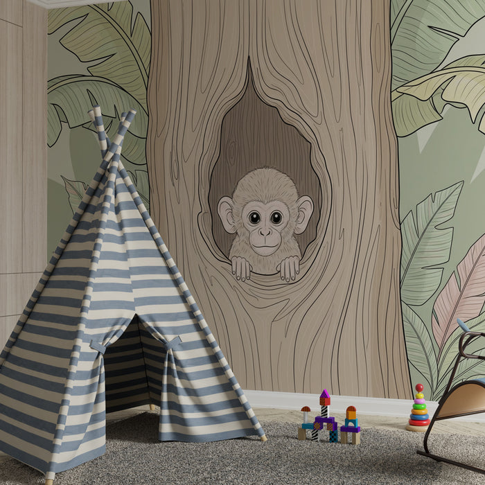 Kinderkamer behang | Nieuwsgierige kleine aap in een boom