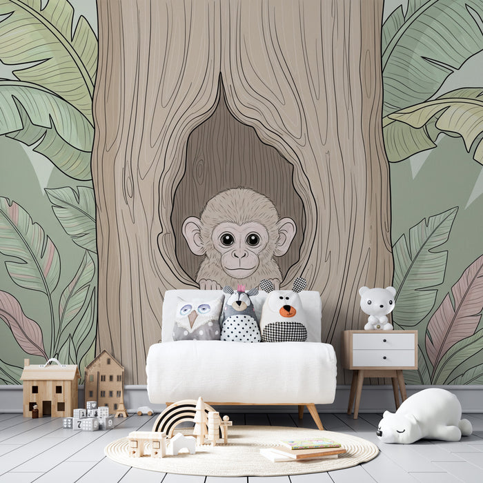 Kinderkamer behang | Nieuwsgierige kleine aap in een boom