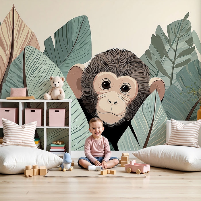 Tapet pentru camera copilului | Micul maimuță curioasă printre frunzele tropicale