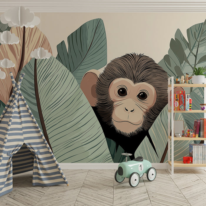 Tapet pentru camera copilului | Micul maimuță curioasă printre frunzele tropicale