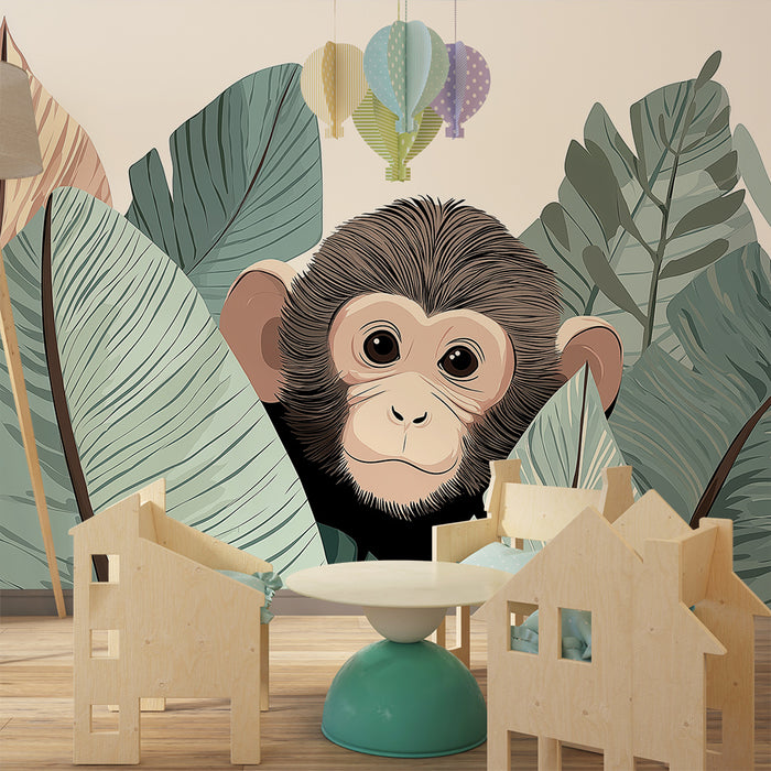 Tapet pentru camera copilului | Micul maimuță curioasă printre frunzele tropicale