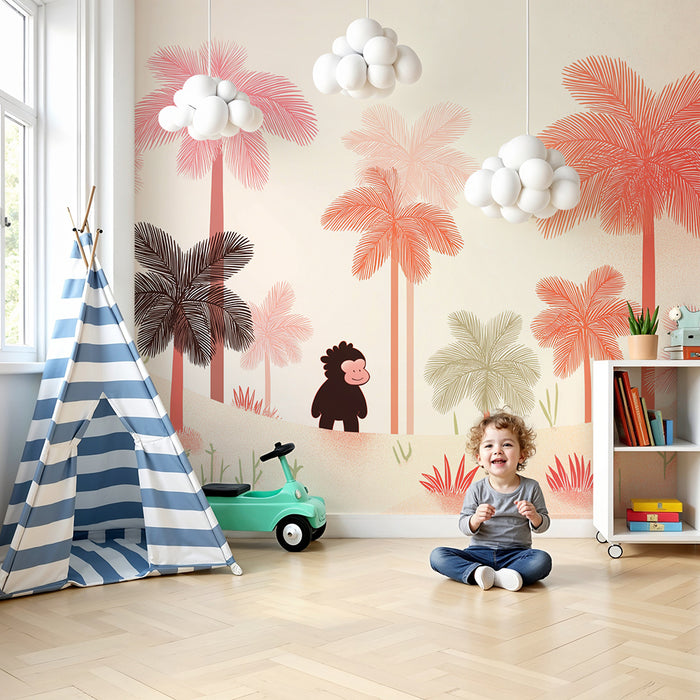 Kinderzimmer Tapete | Kleiner Affe in einer bunten tropischen Landschaft